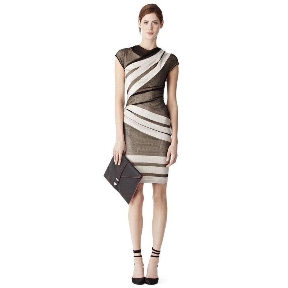REISS Alexie Dress Mesh Black Beige Sheath Striped Cap Sleeve Ruched 2 X…